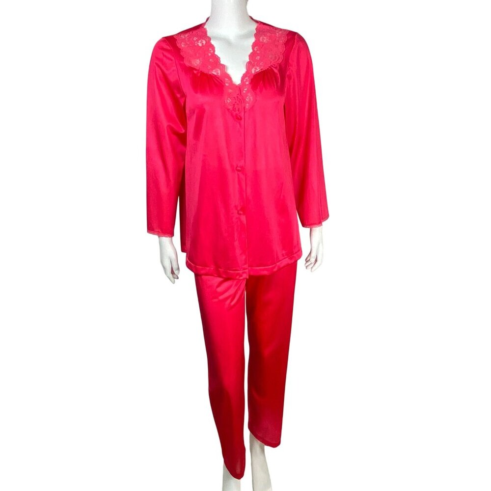 Vintage Vanity Fair Satin Pajama Set Size S Lace Trim Top Pull on Pants Pink